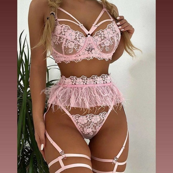NWOT Sexy Strappy Pink Bra Feather Lingerie Mesh Garter Thong Adjustable Set - Picture 1 of 12